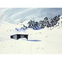 IXXI Wooden Cabin with Snow, Natalie Bruns - 80 x 60 cm - Gratis ophangtool - Grote wanddecoratie en posters - Aquarel, Realisme, Slaapkamer, Gang