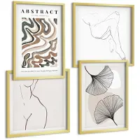 Tulup 4-Delige Schilderij Set - Abstracte poster met vrouwelijke vormen en bladeren in boho-stijl. - 40 x 40 cm en 40 x 60 cm - Muurdecoratie - Decoratieve Schilderijen - Wohnzimmer - Wanddecoratie