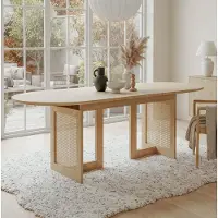 OKWISH Eettafel - Uitschuifbaar 120 Tot 160 x 80 cm - Voor 6 Tot 8 Personen - Afgeronde Hoeken En Rotan Poten - MDF Eikenkleur