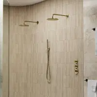 Saniclear Uni dubbele douche geborsteld messing PVD met wandarm en staafhanddouche