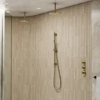 Saniclear Uni dubbele douche geborsteld messing PVD met plafondarm, glijstang en staafhanddouche