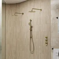 Saniclear Uni dubbele douche geborsteld messing PVD met wandarm, glijstang en 3 standen handdouche