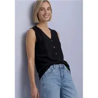Street One Dames Top met V-hals en decoratieve knoopsluiting - Zwart - 38