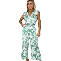 Ax Paris Dames Bloemige Buidel Jumpsuit met Ceintuur (Groen)