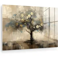MuchoWow Glasschilderij 120x80 cm - Schilderij acrylglas - Beige - Abstract - Boom - Goud - Foto op glas - Muurdecoratie woonkamer - Wanddecoratie slaapkamer - Schilderijen