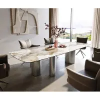 DELIFE Eettafel Edge Boot 300x120 cm Keramiek Minas Melange Wit-Beige Troa Roestvrij staal gebürstet