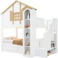 Merax Stapelbed Voor Kinderen 90x200 + 90x200 - Bed In Huisvorm Van Hout - Hydraulisch Bed Met Opbergruimte - Opbergtrap - LED Verlichting - Wit En Natuurlijke Houtkleur