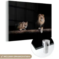 MuchoWow Glasschilderij 180x120 cm - Schilderij acrylglas - Leeuwen - Licht - Portret - Foto op glas - Schilderijen