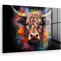 MuchoWow Glasschilderij 180x120 cm - Schilderij acrylglas - Graffiti - Schotse hooglander - Zwart - Koe - Foto op glas - Muurdecoratie woonkamer - Wanddecoratie slaapkamer - Schilderijen