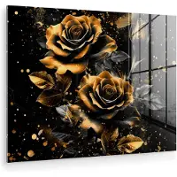 MuchoWow Glasschilderij 40x30 cm - Schilderij acrylglas - Rozen - Goud - Zwart - Bloemen - Modern - Foto op glas - Muurdecoratie woonkamer - Wanddecoratie slaapkamer - Schilderijen