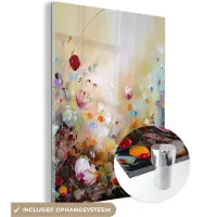 MuchoWow Glasschilderij bloemen - Kunst - Natuur - Oil painting - Foto op glas - Kamer decoratie - Schilderij glas - Schilderijen woonkamer - 60x80 cm - Glasplaat - Wanddecoratie - Muurdecoratie - Slaapkamer