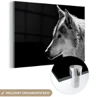 MuchoWow Glasschilderij - Foto op glas - Acrylglas - Wilde dieren - Wolf - Zwart - Wit - Muurdecoratie - 180x120 cm - Woonkamer - Kamerdecoratie - Wanddecoratie dieren