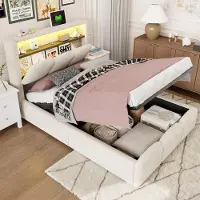 STILVORA Gestoffeerd Bed 90x200 Cm – Kinderbed Met Opbergruimte, Hydraulische Liftfunctie, USB En Type-C Oplaadpunten, LED – Beige – Zonder Matras