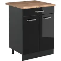 Vicco Keukenonderkast R-Line, Zwart hoogglans/Antraciet, 60 cm met lade goudkleurig eiken werkblad