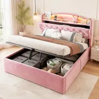 STILVORA Gestoffeerd Bed 140x200 cm – Met Hydraulische Opbergruimte, Led Hoofdbordverlichting en Usb C Oplaadpunten – Zacht Fluweel – Roze – Zonder Matras