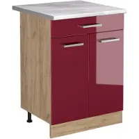Vicco Keukenonderkast R-Line Rode hoogglans/Goudkleurig Eiken 60 cm met lade marmer werkblad, Model 61204