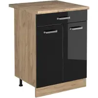 Vicco Keukenonderkast R-Line, Zwart hoogglans/Goudkleurig Eiken, 60 cm met lade goudkleurig eiken werkblad