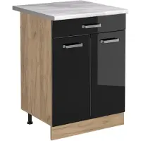 Vicco Keukenonderkast R-Line, Zwart hoogglans/Goudkleurig Eiken, 60 cm met lade marmer werkblad