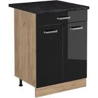 Vicco Keukenonderkast R-Line, Zwart hoogglans/Goudkleurig Eiken, 60 cm met lade antraciet werkblad