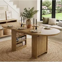 OKWISH Eettafel – Uitschuifbaar 150-200 x 90 cm – Voor 6-8 Personen – Met Open Opbergruimte – Scandinavische Stijl – MDF Eikenkleur