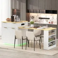 Flieks Uittrekbare eettafel met LED-verlichting en verstelbare planken, keukentafel met stopcontacten en lades, bar tafel, wit