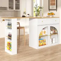 Flieks Eettafel met opbergruimte, 360° draaibaar, 138-204x39x104 cm, hoge tafel/keukeneiland met planken en glazen deuren, wit
