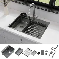 HOROW 66 x 48 cm Multifunctionele roestvrijstalen spoelbak voor de keuken, met watervalmengkraan, glazenwasser, extra binnenbak, afdruipgedeelte en afvoer