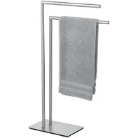 Famanu – Vrijstaand handdoekrek van gesatineerd roestvrij staal, met zware voetplaat voor stabiliteit, twee stangen voor het ophangen van handdoeken, 48 x 80,5 x 20 cm
