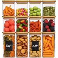 Famanu – Voorraadpotten met deksel, 12-delige combi set, luchtdicht, voor muesli, cornflakes, spaghetti en meer, glazen bewaardozen