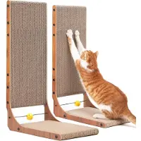 Famanu – Set van 2 krabpalen voor katten, 68 cm L-vormig krabkarton met bal, hazelnoten kleur, ideaal voor binnenkatten