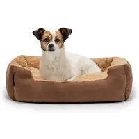 Famanu – Hondenbed met wendbaar kussen en antislip onderkant, stevig huisdierkussen met lage instap, afmetingen 60x48 cm, knuffelzacht hondenkussen, bruin/beige