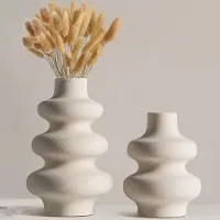 Famanu – Set van 2 keramische vazen, beige ronde vazen voor moderne woondecoratie, ideaal voor boheemse en landelijke stijl, perfect als middenstuk