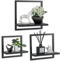 Famanu – Wandrek set van 3 stuks, zwarte metalen vierkante wandplanken, moderne wanddecoratie voor woonkamer, badkamer en slaapkamer
