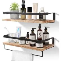 Famanu – Wandrek van hout, set van 2 met handdoekhouder, zwevende planken voor wandopslag, ideaal voor badkamer, keuken, woonkamer, kantoor en slaapkamer