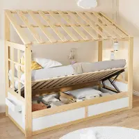 Flieks hydraulisch verstelbaar kinderbed, 90x200 cm, met opbergruimte en opbergvak. Huisbed met dak en ramen. Houten eenpersoonsbed met lattenbodem, in natuurlijke staat