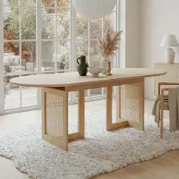 Flieks Uittrekbare eettafel met dikker tafelblad, eettafel met poten van riet, keukentafel 120-160x80x75cm, eikenkleur