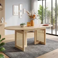 Flieks Uittrekbare eettafel met een dikker tafelblad, eettafel met poten van riet, keukentafel 160-200x90x75cm, eikenkleur