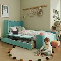Ulife Kinderbed met zachte bekleding, eenpersoonsbed, inklapbare zijtafel, opbergruimte in een lade, kasteeldesign, zachte, antivalbescherming, fluweel, blauwgroen, 90x200 cm