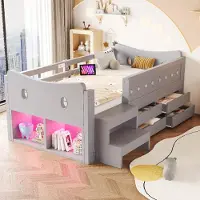 STILVORA Kinderbed 90 x 200 cm Zonder Matras – Bed Met LED Verlichting, USB En Type C Oplaadpunten – Opbergruimte Met Laden – Grijs