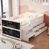 STILVORA Kinderbed 90x200cm – Met Ledverlichting En Krijtbord – Opberglades En Trap – Veiligheidshek Met Ster En Maan – Hout En Mdf – Wit Zonder Matras