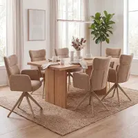 Mendler Set van 6 eetkamerstoelen, model HWC-N11. Stoelen, draaibaar met automatische terugdraaimechanisme, bekleding: stof Bouclé, 350g/m², kleur: lichtbruin, poten: houtlook