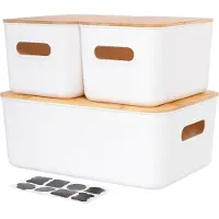 Sonstiges Opbergboxen, set van 3, met bamboe deksel, wit, van kunststof, stapelbaar, met handgrepen, inhoud: 6,5 liter + 13 liter
