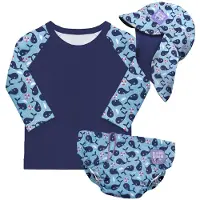 Bambino Mio 3-delige baby zwemset met herbruikbare zwemluier, UV-zwemshirt en zonnehoedje - Blauwe Walvis motief