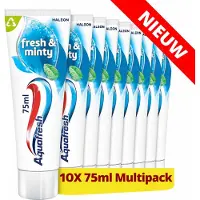 Aquafresh Fresh & Minty 3-in-1 - Tandpasta - Sterke Tanden & Gezond Tandvlees - Frisse Adem - Bevat Fluoride - Frisse Muntsmaak - Voordeelverpakking 10 x 75ml