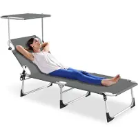 ACXIN Ligstoel Inklapbaar - Antraciet - Tuin Ligstoel met Verstelbaar Zonnescherm - 600D Oxford Stof - 194x68x30 cm - Hoofdsteun Zijvak - Tuin Strand Camping Terras