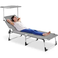 ACXIN Ligstoel Inklapbaar - Grijs - Tuin Ligstoel met Verstelbaar Zonnescherm - 600D Oxford Stof - 194x68x30 cm - Hoofdsteun Zijvak - Tuin Strand Camping Terras