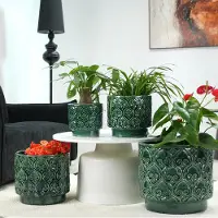 STILVORA Bloempot – Ø38 cm – Handgemaakt Keramiek – Glanzend Groen – Met Reliëf En Afwateringsgat – Voor Binnen En Buiten