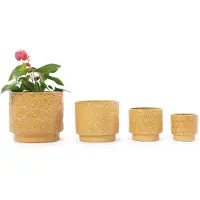 OKWISH Bloempot Keramiek – Ø31,5 cm – Glanzend Warmgeel – Rond Met Hartrelief – Met Afwateringsgat – Vorstbestendig Voor Binnen en Buiten