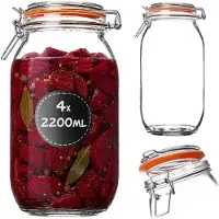 Kadax inmaakpot 4 stuks 2,2 l met beugelsluiting, luchtdichte glazen pot met rubberen afdichting en deksel, augurkenpot, grote glazen voorraadpot, fermentatiepot