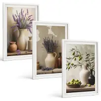 Tulup 3-Delige Schilderij Set - Bloemen in vazen, olijven en natuurlijke decoraties. - 40x60 - Stijlvolle Muurdecoratie - Slaapkamer - Decoratieve Schilderijen